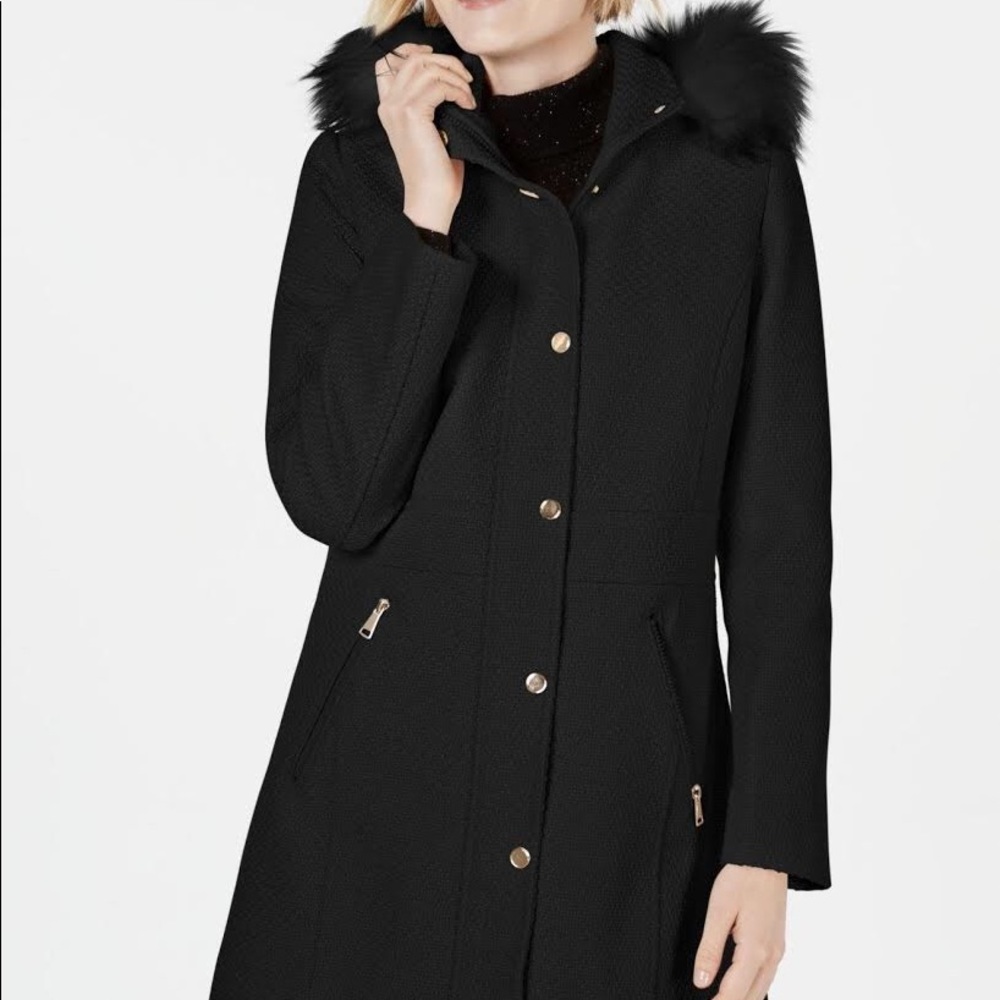 NEW INC Faux-Fur-Trim Hooded Coat